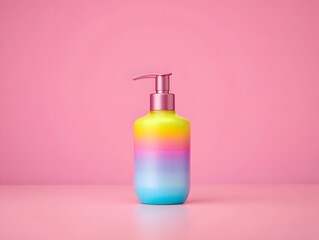 Colorful soap dispenser bottle on pink background for beauty and hygiene products ads