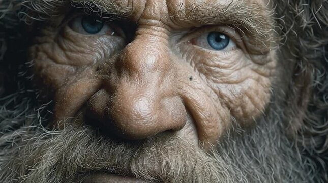 Ultra-realistic close-up of a Neanderthal face with expressive blue eyes, rugged skin, and wild hair, capturing prehistoric humanity in vivid detail