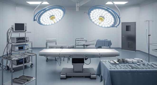 Overhead LED surgical lamps shining above the operating table