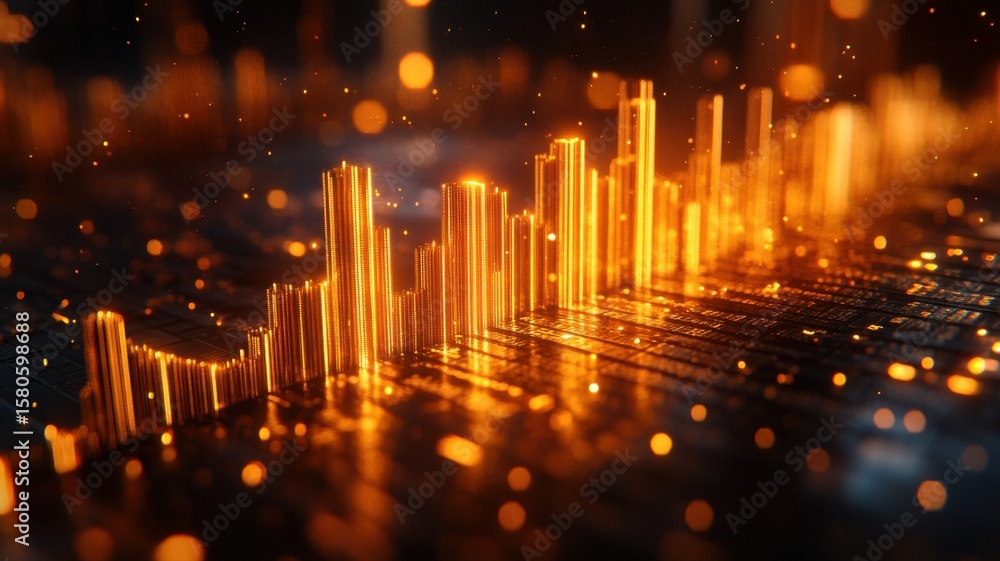 Poster futuristic abstract data visualization with glowing gold bars and bokeh lights abstract futuristic