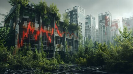 Overgrown buildings with a declining chart. Nature reclaiming an abandoned urban landscape. Economic downturn in a decaying city. Red financial graph on a derelict building.