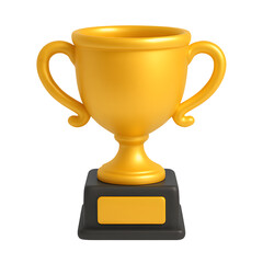 3D golden trophy cup icon with black base and blank nameplate, symbol of award and success, isolated on transparent background