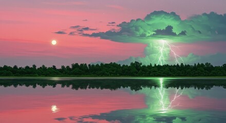 Lightning over a lake with a pink sky and green clouds reflecting in the water