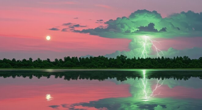 Lightning over a lake with a pink sky and green clouds reflecting in the water