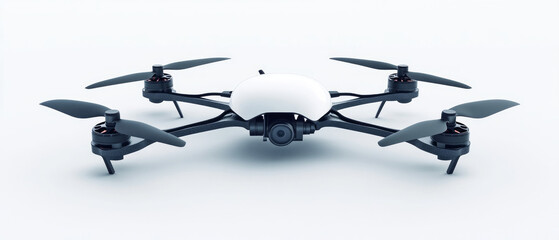 Modern drone with camera on white background. Used in articles about technology and gadgets.