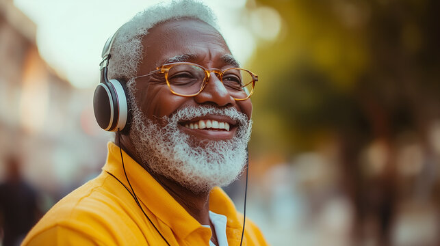 Happy African American man enjoys music with headphones outdoors, wearing glasses and a bright yellow shirt on a beautiful day.