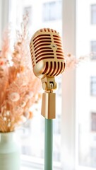 Vintage gold microphone for podcasting and singing with retro style microphone stand