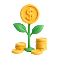3D green plant with dollar coin flower and golden coin stacks symbolizing financial growth isolated on transparent background