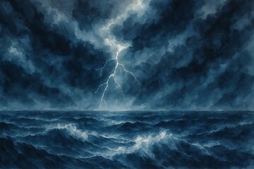 Obraz premium Dramatic Ocean Storm with Lightning, Turbulent Sea and Dark Clouds, Powerful Nature Weather Scene, Abstract Thunderstorm and Waves