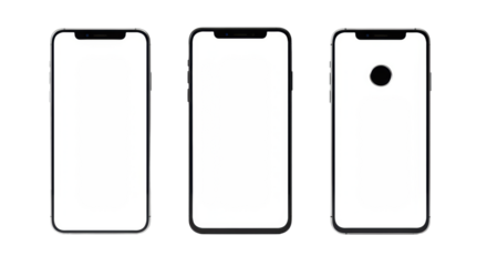 Three sleek smartphones, teardrop, punch-hole, and dynamic island notches, with pristine blank white screens, arranged side-by-side on a transparent background with even studio lighting, no shadows,