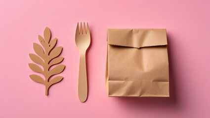 Eco friendly brown paper bag with wooden fork and leaf on pink background mockup design