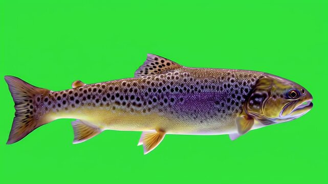 Vibrant Brown Trout Fish Isolated on Bright Green Background for Easy Compositing and Wildlife Design