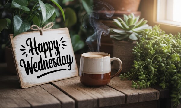 Happy wednesday coffee cup and plants on rustic wooden table