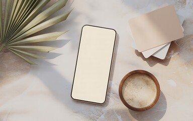 Modern phone coffee and dried palm leaf flat lay image
