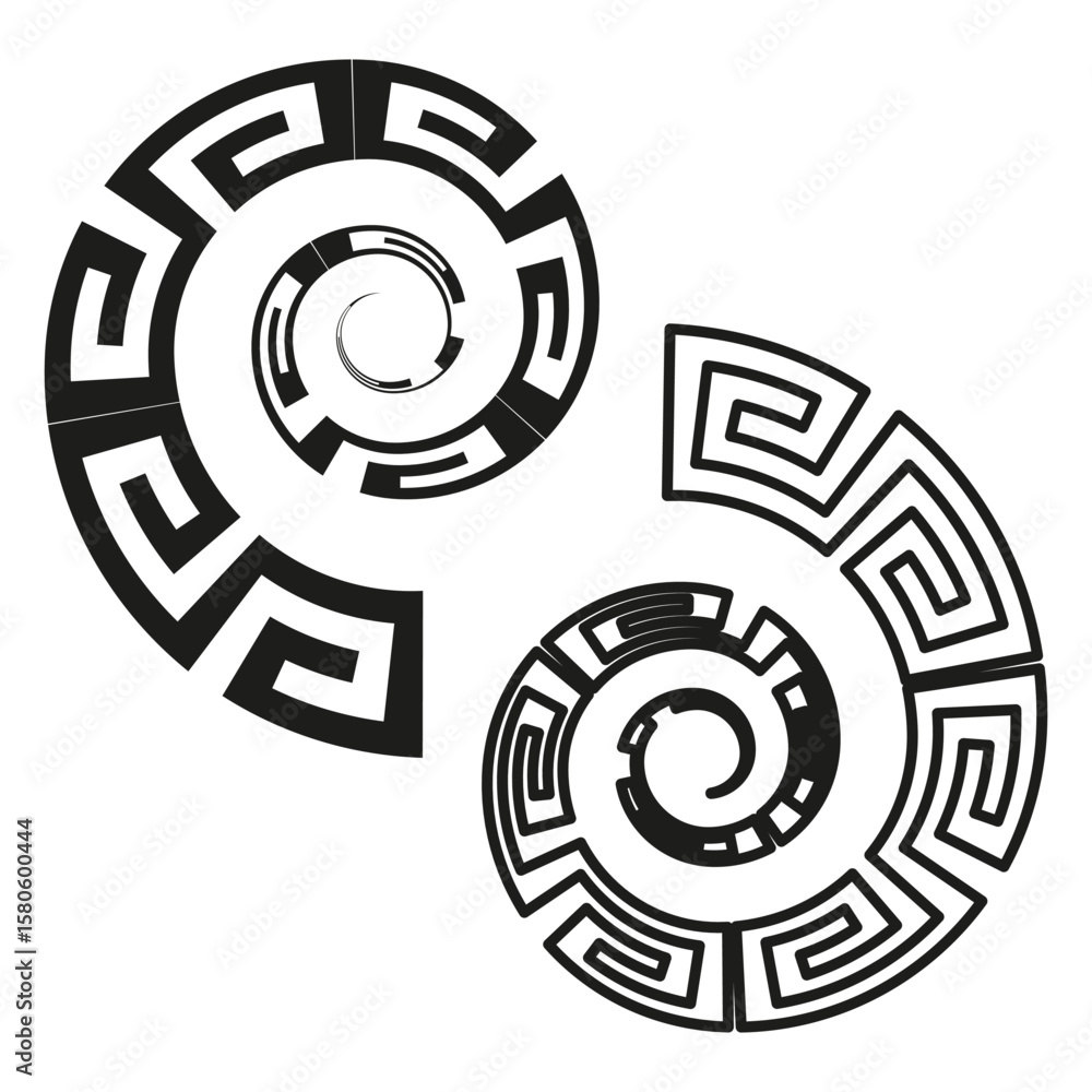 Poster two spiral patterns. greek key elements. abstract swirl shapes. vector artistic illustration.