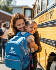 Happy mother hugging daughter with backpack, first day of school.