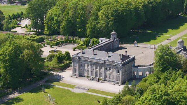 main part ch&acirc;teau seneffe green parks behind visitors walking toward building along visible parking illustrate left to right front pans aerial of de belgium 