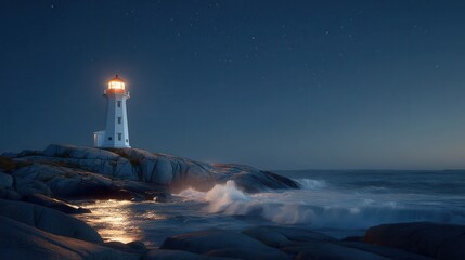 Lighthouse shining brightly on rocky coast under starry night sky