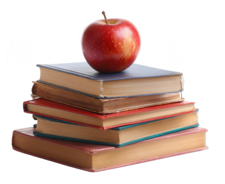 Pile of books with an apple on top, isolated on a white background, png, transparent