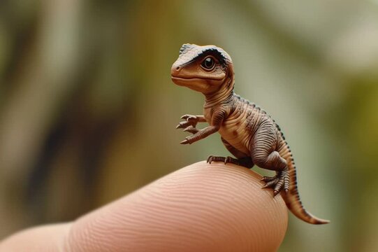 Tiny dinosaure on the tip of a finger