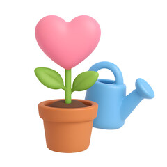 3D heart-shaped pink flower with green leaves in brown flower pot and blue watering can isolated on transparent background