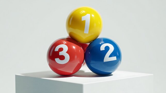 Stacked Numbered Balls Yellow One, Blue Two, Red Three on White Cube