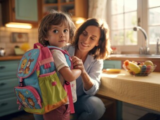 Happy toddler girl getting ready for school with mom.