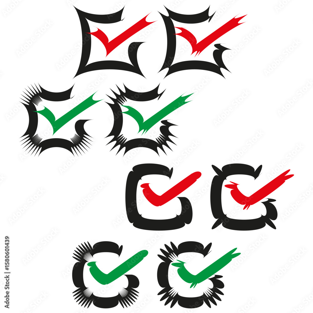 Poster angular checkbox icons. spiky checkmarks. red green choices. vector edgy style.