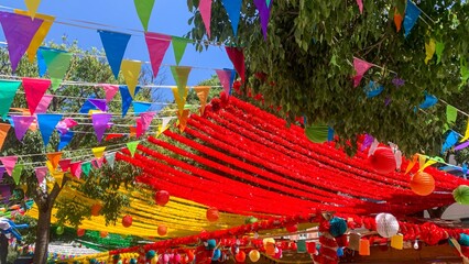 Vibrant fiesta canopy dances above, a kaleidoscope of colors whispering secrets of Carnaval and...