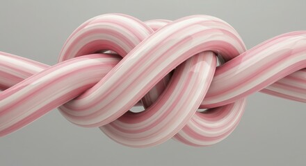 Close up of a pink and white striped rope tied in a knot on a gray background