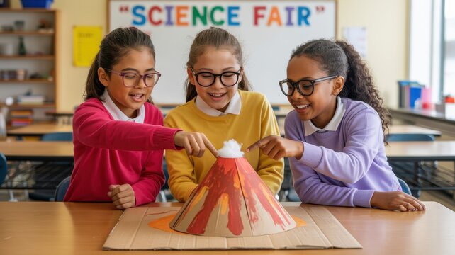Happy diverse schoolgirls science fair volcano project