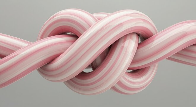 Close up of a pink and white striped rope tied in a knot on a gray background - Powered by Adobe