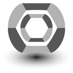 Hexagon 3D shape. Abstract geometric form. Grayscale Vector object. Layered dimensional structure.