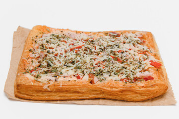 Tasty mini pizza on white background