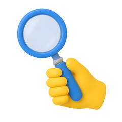 3D magnifying glass icon held by yellow cartoon hand with blue handle isolated on transparent background