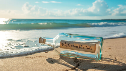 A close-up photograph of a clear glass bottle with a cork stopper on a sandy beach, positioned at a slight angle. Inside the bottle is a rolled beige paper message.