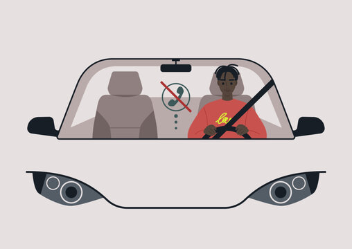 Fototapeta A driver in a colorful sweatshirt is focused on a road, not on a phone call, seated in a modern car, with clear signs indicating the importance of safety while driving