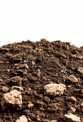 Dark brown soil texture with rocks pile of earth isolated on white background
