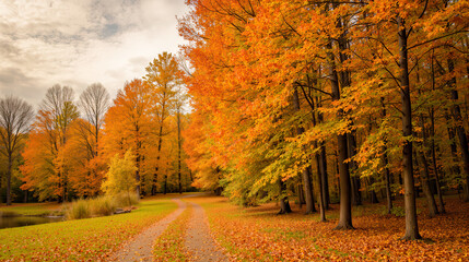 Beautiful autumn park landscape with a dirt road, orange trees and fallen leaves on green grass under cloudy sky