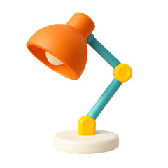 3D modern desk lamp with orange shade, blue arm, and round white base, isolated on transparent background