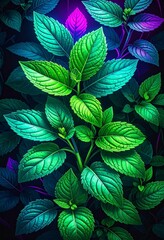 Vibrant green mint leaves with textured surfaces illuminated against a dark background