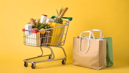 shopping cart and bags on yellow background