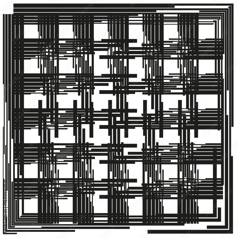 Poster dense glitch lattice. overlapping line mesh. modern square vector. bold black structure.