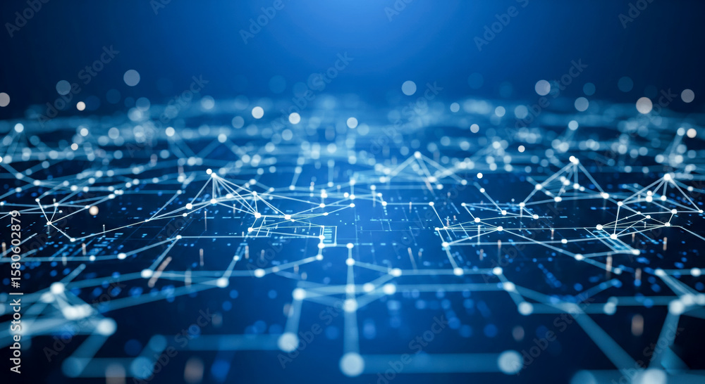 Poster Beautiful plexus of connected dots and lines representing powerful neural network, amazing symbol of artificial intelligence and complex machine learning technology