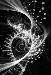 Abstract grayscale fractal art swirling lines dots and spirals on black background