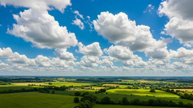 Aerial view of countryside landscape features green meadows and blue sky with puffy clouds. Countryside landscape includes patchwork fields and natural features, creating idyllic scene.