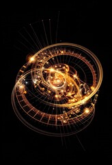 Abstract golden cosmic swirls and circular patterns on black background