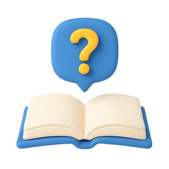 3D open book icon with blue question bubble and yellow question mark, education and knowledge inquiry concept, isolated on transparent background