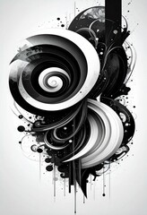 Abstract grayscale artwork featuring swirling spirals organic shapes and paint splatters