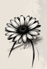 Monochrome illustration of a daisy flower with detailed petals and stem set against a textured background